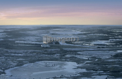 Aerial view of Tundra Buggy camp, near Cape Churchill, Manitoba