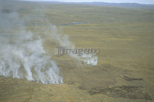 Aerial view, lightning-caused tundra fire, Ukkusiksalik National Park, Wager Bay, Nunavut, Canada
