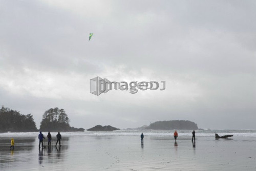 Family on beach flying kite in winter, Long Beach, Pacific Rim National Park, British Columbia, Canada