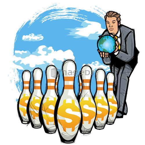 Businessman throwing globe on dollar sign of bowling Ball