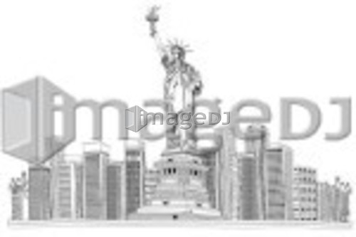 Statue of liberty by skyscrapers