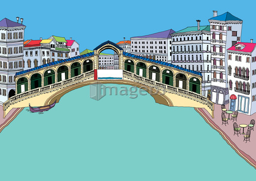 Bridge on river by buildings