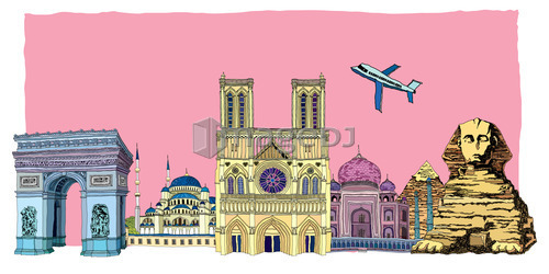 Airplane traveling various famous places of the world