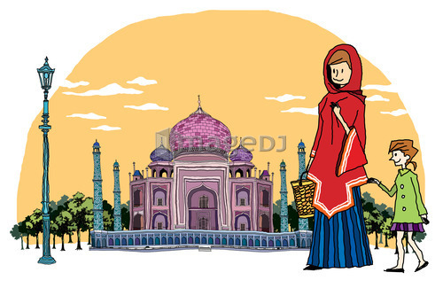 Side view of mother with daughter visiting taj mahal