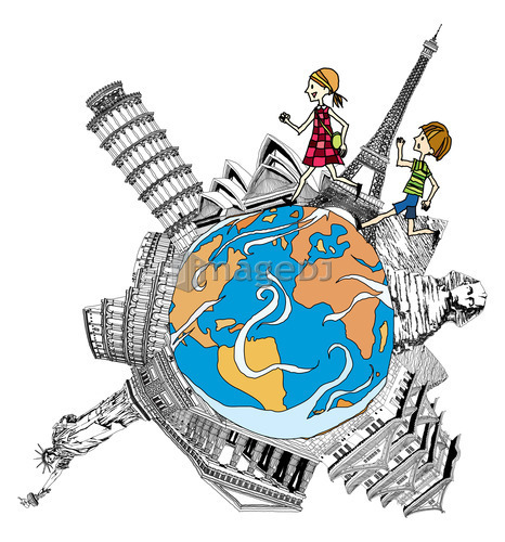 Side view of boy and girl running on globe