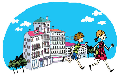 Side view of boy and girl running on street