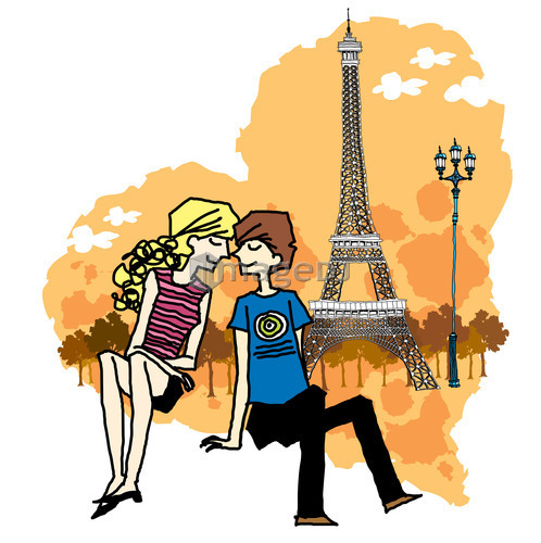 Rear view of teenage boy and girl sitting by Eiffel tower