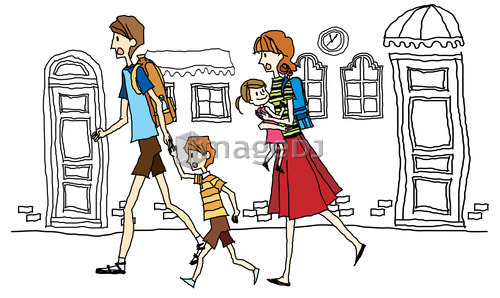 Family walking on street