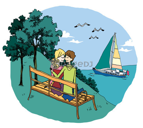 Man and woman sitting on bench by sea