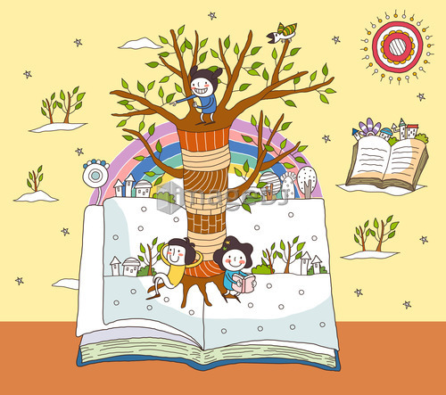 Children on open book by tree trunk