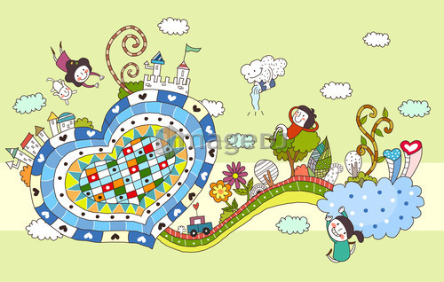 Children playing by heart shape road