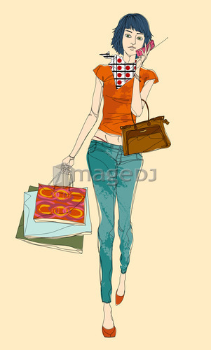 Young woman walking, holding mobile phone and shopping bag