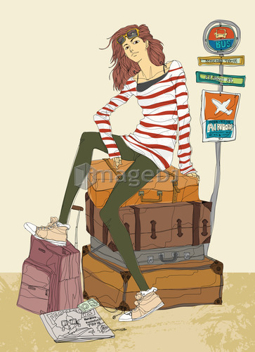 Portrait of young woman sitting on suitcase