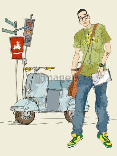 Portrait of young man standing by scooter