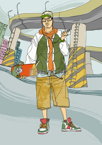 Young man holding skateboard, listening music