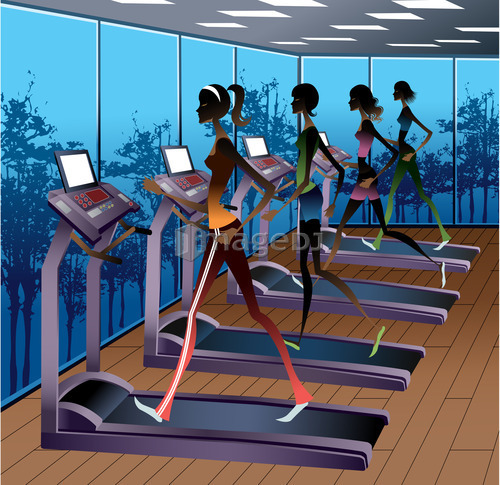 Side view of women running on treadmill