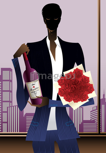 Portrait of man holding wine and flower bouquet