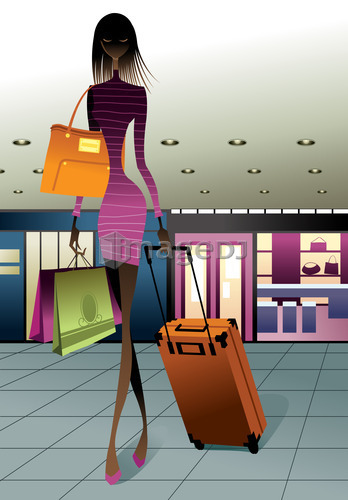 Woman holding shopping bags and suitcase