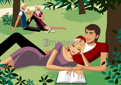 Couple lying on grass, reading book