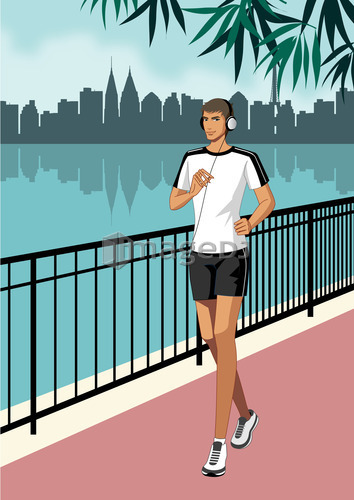 Portrait of man jogging, wearing headphones