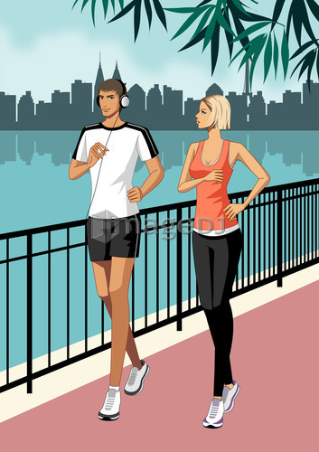 Young Couple jogging, wearing headphones