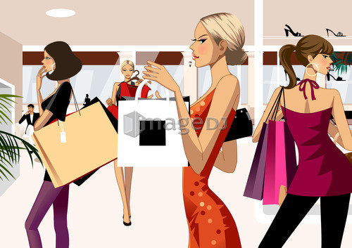 Side view of women carrying shopping bag, women in background