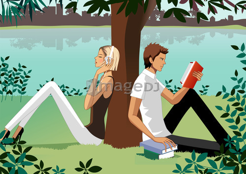 Woman listening music and man reading book under tree