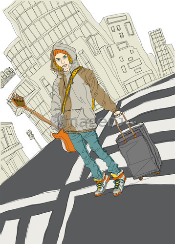 Young woman standing on street with luggage