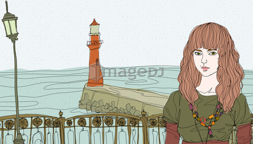 Portrait of young woman standing by railing, light house in background