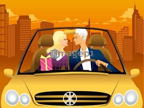 Couple kissing in convertible car at dusk