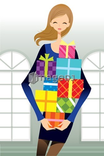 Portrait of teenager girl carrying stack of gifts