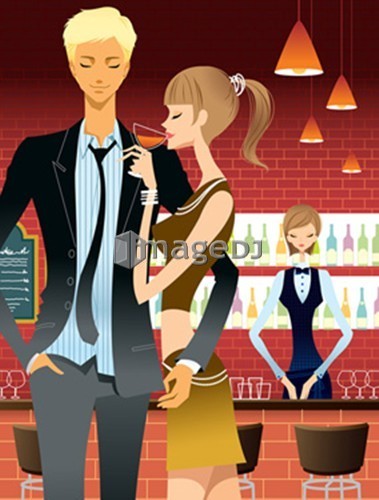 Couple at Bar, Bartender in background