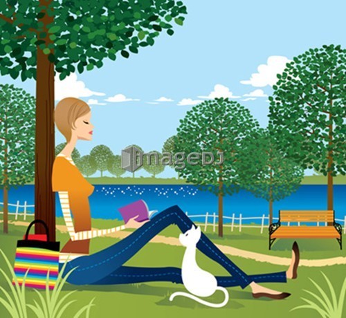 Woman sitting under tree, reading book