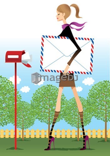 Profile of woman holding envelope, standing near mailbox