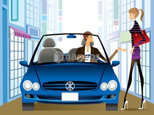 Woman walking towards, man in convertible car