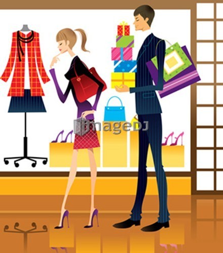 Couple window shopping, man standing with shopping bags