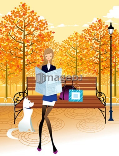 Business woman sitting on bench, reading news paper