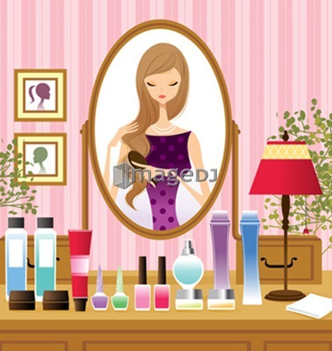 Reflection in mirror of young woman combing hair