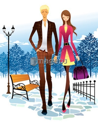 Young Couple holding hands walking by trees