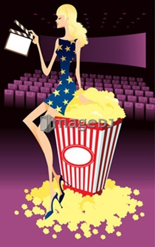 Profile of woman sitting on carton of popcorn, holding film slate