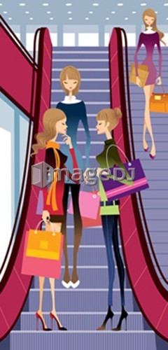 Women on Escalator at shopping mall