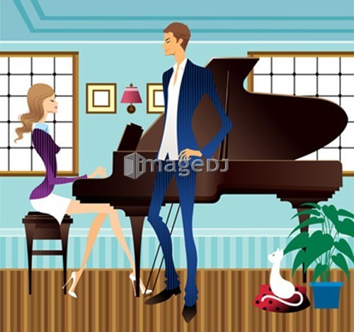 Man standing, Woman playing piano in background