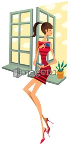 Woman sitting on window sill drinking coffee