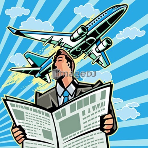 Low angle view of businessman reading newspaper, airplane flies above