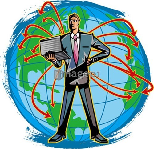 Businessman holding laptop in front of earth