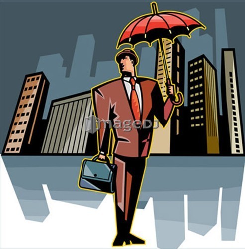 Businessman holding umbrella and suitcase, skyscrapers in background