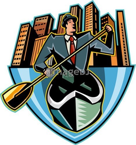 Businessman holding oar, skyscrapers in background