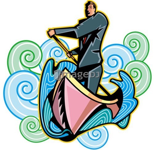 Businessman in boat, holding oar