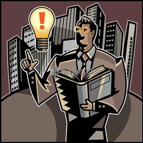 Businessman holding book, light bulb and buildings in background