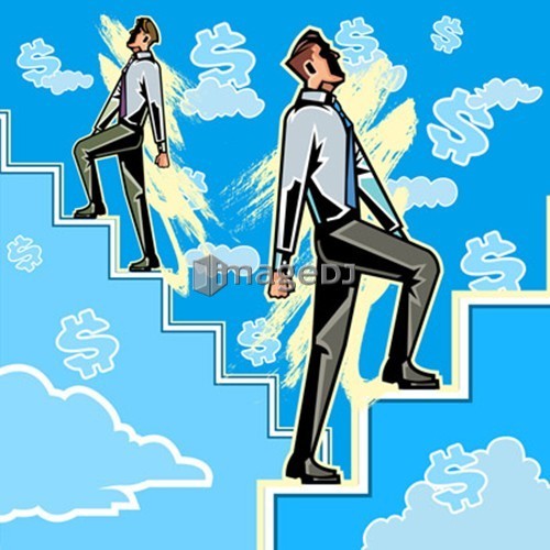 Business people climbing steps in sky